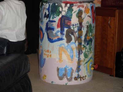 3 yr old Zach painted the alphabet all over the barrel.