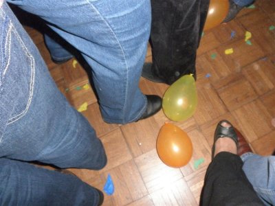 Bernice trying to stomp balloon.  She missed !  Drunk??