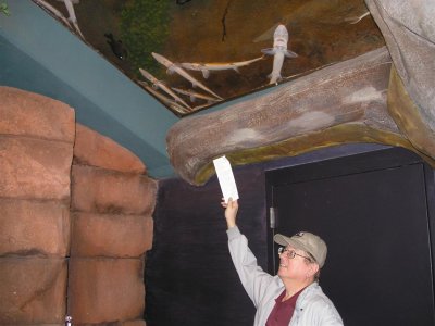 Rolf pointing to ceiling aquarium