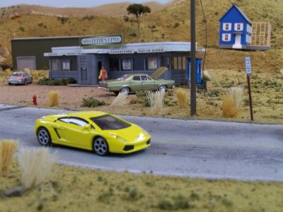 Totally normal for a lamborghini to be driving in the desert by the lone diner. ;)