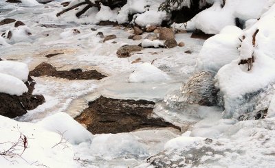 The ice covered rock on the right still had fast-running water between the rock and the ice hood.