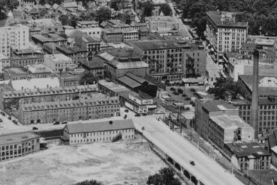 Aerial view of Railroad depot and Opera House