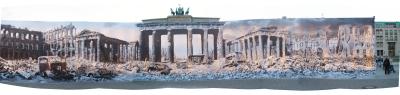 Life size photo display of Berlin after WWII against its current setting