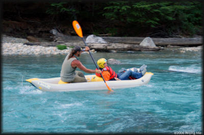 Piero continues on in a ducky (inflatable kayak).