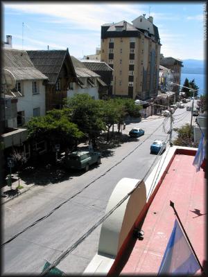 looking down at Bariloche's bustling streets down to the lake