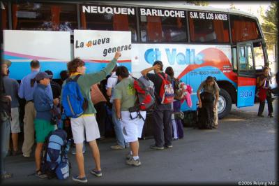 boarding the comfortable bus to Bariloche -- always booked in high season - it was a good thing we had reservations