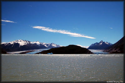 The Island in the middle is 400m high, the glacier entry point width on right: 1.2km ; left: 3.5km