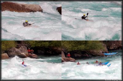 The safety net goes first: Piero and Jorge in kayaks, Pete and Brian in cats.