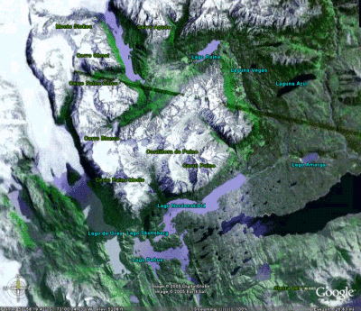 GoogleEarth view of  the park - the massif is in the middle, the glacier on the left