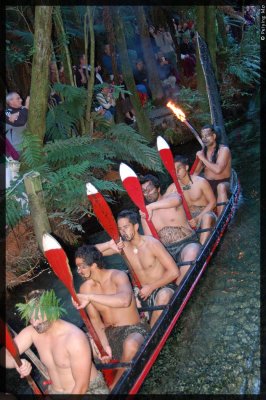 simulating a Maori canoe paddling upstream