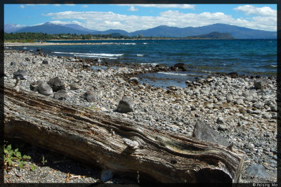 Rocky beach on the east coast of Lake Taupo, with Tongariro National Park as a backdrop