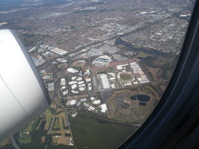 Departing Sydney over Olympic stadium on JAL