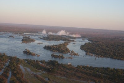 Victoria Falls from the air at sunset