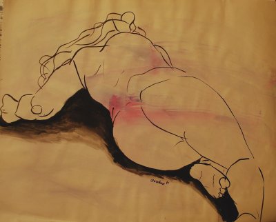 Reclining Nude, Ink And Watercolor