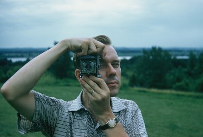 Dad Orv Opdal with his Kodak 35mm Retina fold out camera.