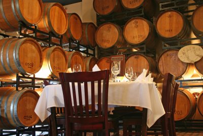 Messina Hoff Winery...Wine barrels in the restaurant.....