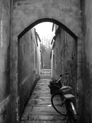 Alley and bicycle-bw