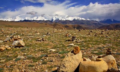 Rocks stacked for prayers as a high pass approaching Nepal from Tibet while taking an overland route.