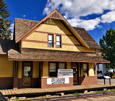 A closeup view of the entrance to the Dolores Station, now serving as a visitors center.