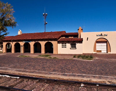 A trackside view of the Winslow, AZ depot.