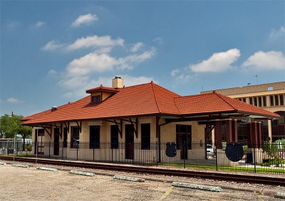 A trackside view of the depot