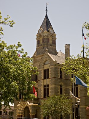 A view of the Fayette County Courthouse clock tower.