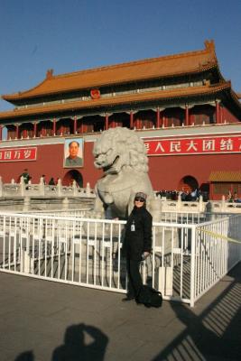 Casey and lion -Tianenmen Square