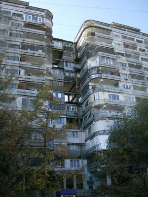 Late Soviet era block of flats, balconies filled into make extra rooms