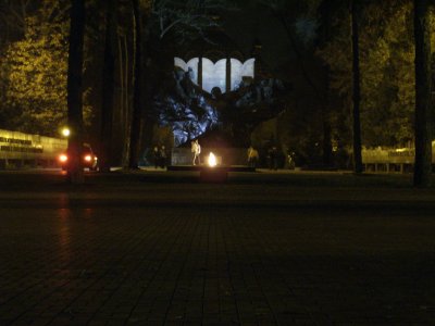 War Memorial in Panfilov Park at night.