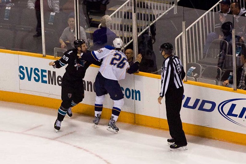 Ryane Clowe and Brandon Crombeen fight