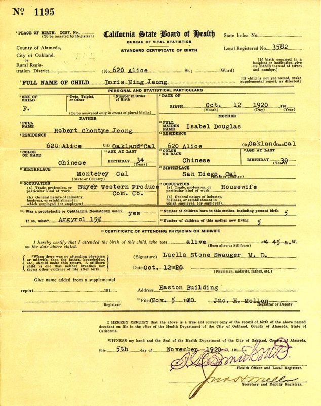 Doris Ning Jeong Birth Cerificate