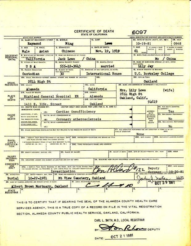 Raymond Lowe Death Certificate