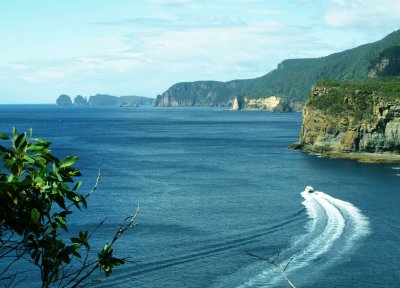 Coastline with tourist boat