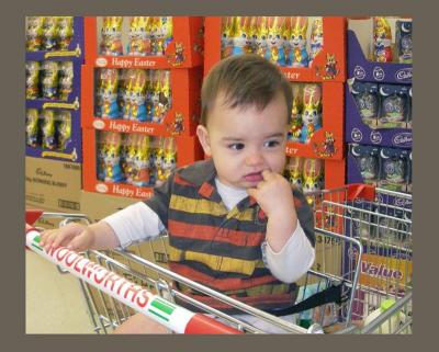 Charlie in the supermarket with chocolates