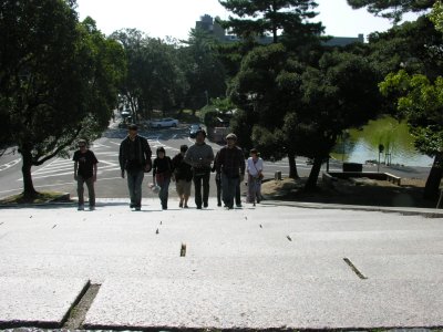 The gang, comin' up the steps.  My back already hurts.