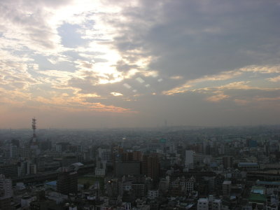 The sun starts to set over Osaka....