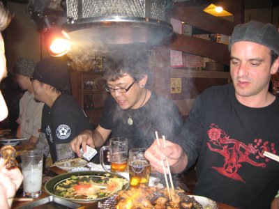 Korean BBQ style dinner, Keith helping to cook. LOVED this meal, yummy chicken skin!