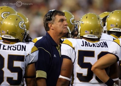 Georgia Tech Yellow Jackets new Head Coach Paul Johnson works with the defense during a timeout