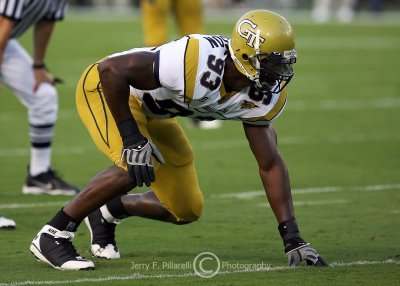 Yellow Jackets DE Michael Johnson squares up as he waits for the snap