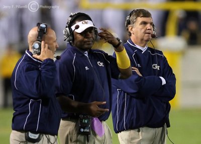 Georgia Tech Yellow Jackets Head Coach Paul Johnson on the sidelines with LB Coach Brian Jean-Mary and CB Coach Charles Kelly