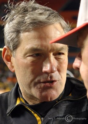 Iowa Hawkeyes Head Coach Kurt Ferentz talks to a reporter after the game