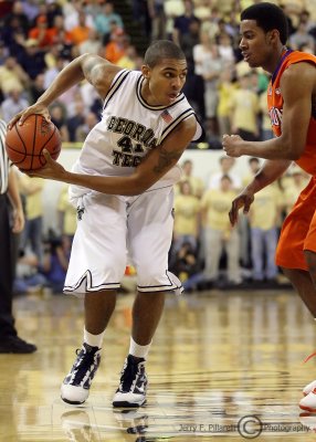 Georgia Tech G Rice looks to make a move around a Clemson defender