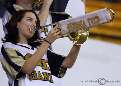 Georgia Tech Band member plays during a break in the action