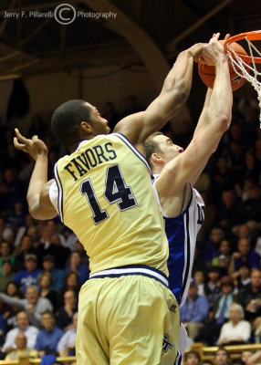 Jackets F Favors blocks a shot by Blue Devils F Miles Plumlee