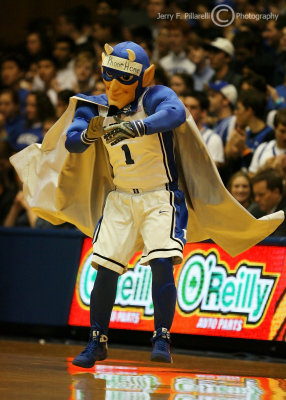 Duke Blue Devils mascot on court during a timeout