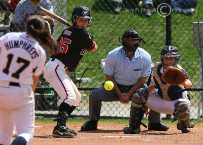 Georgia Bulldogs SS Megan Wiggins zeros in on the delivery of Tech P Whitney Humphreys