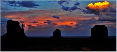 Sunset, Left and Right Mittens and Merrick Butte, Monument Valley, Arizona