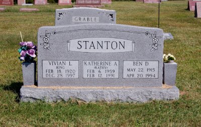 Above is the gravestone of three Stanton's. First is, Benjamin Daley Stanton. Ben was the third of five children & the second son born to, David Henry Stanton & his wife, Mary [Watkins] Stanton on, 22 May 1915 in Dearborn, Platte County, Missouri. On 28 May 1938 in St. Joseph, Buchanan County, Missouri he married, Vivian L. King. Together this couple would share two known children, one of whom is their daughter, Katherine Ann Stanton. Katherine was the youngest of two children born to this couple. She married a, Mr. Toombs, but this is all we know.  