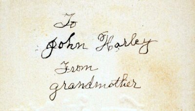 I've always enjoyed handwriting preservations. This was written by, Lucinda Asberine [KIRKMAN] Stanton, on the back of a birthday card for her grandson, John Harley Stanton, for his third birthday in 1933. 