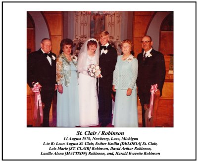 This was taken of the two families on the wedding day of their children. Both David Robinson, and his bride, Lois Marie [ST. CLAIR] Robinson, were the youngest of seven children born to their respective parents. Wow. 